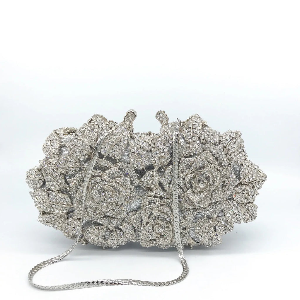 Luxury rhinestone evening clutch with intricate rose design, perfect for weddings and formal events.