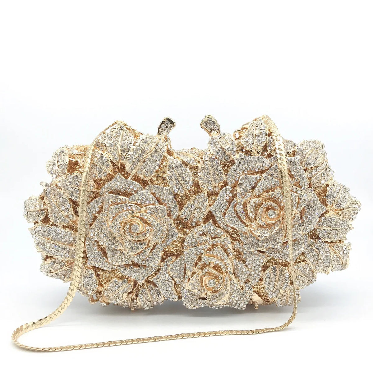 Luxury rhinestone evening clutch featuring stunning rose design embellished with rhinestones.