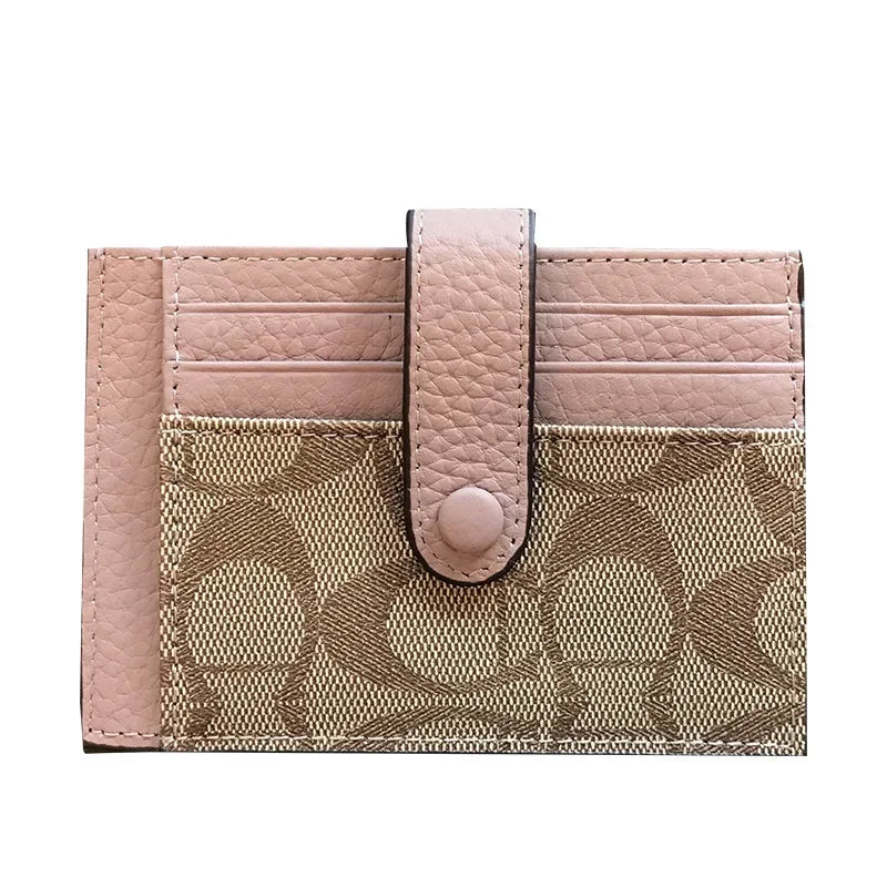 Compact RFID wallet for women in pink and beige design, perfect for cards and coins, small and stylish.