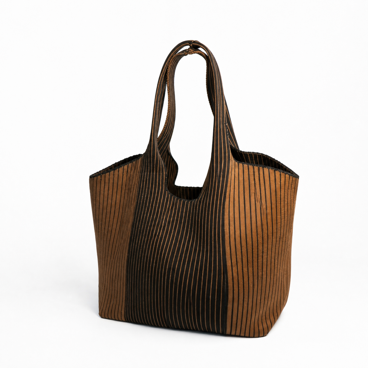 Brown Everyday Tote Bag displaying a stylish design with contrasting black stripes, perfect for everyday use.