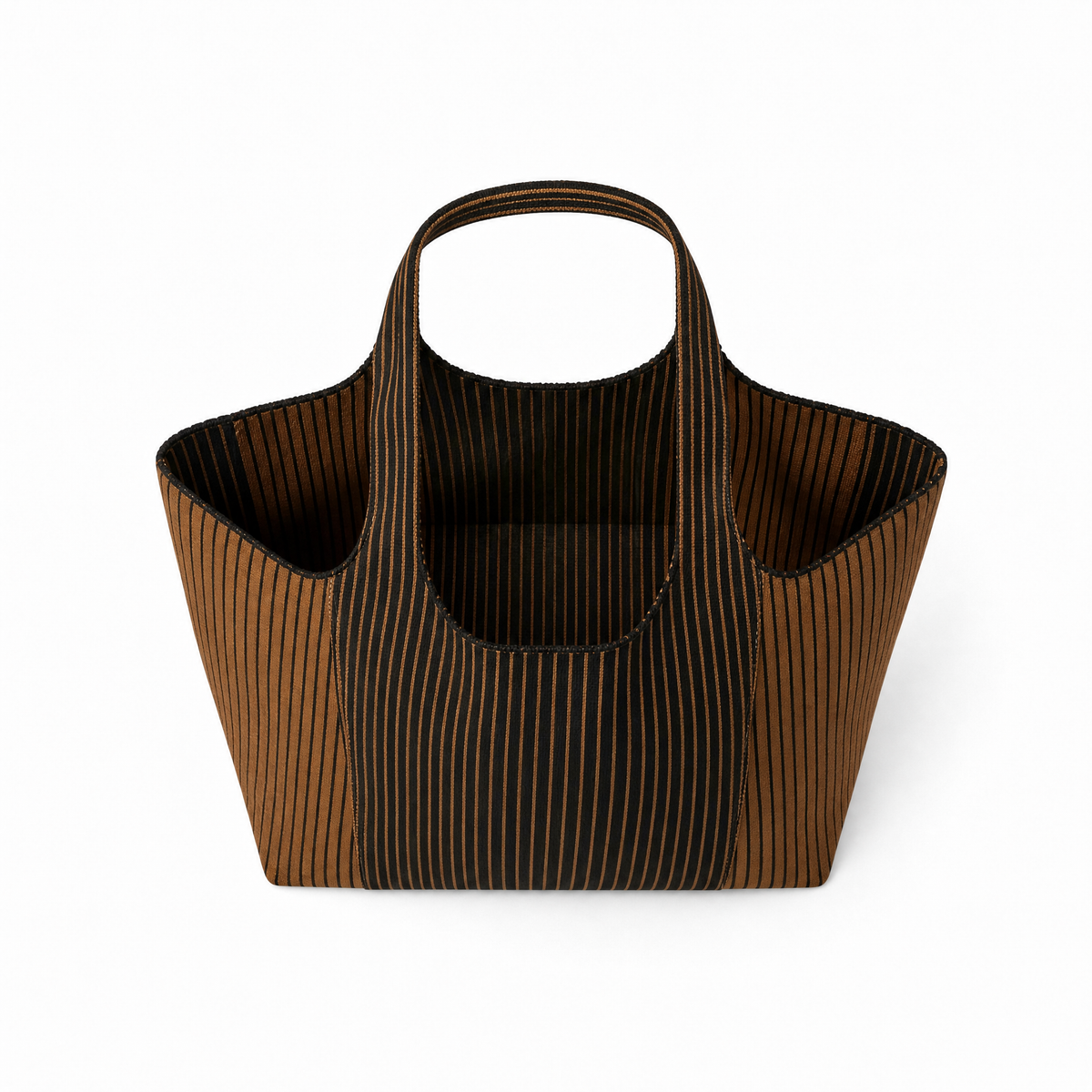 Brown everyday tote bag with stylish vertical stripes and spacious design for versatile use.