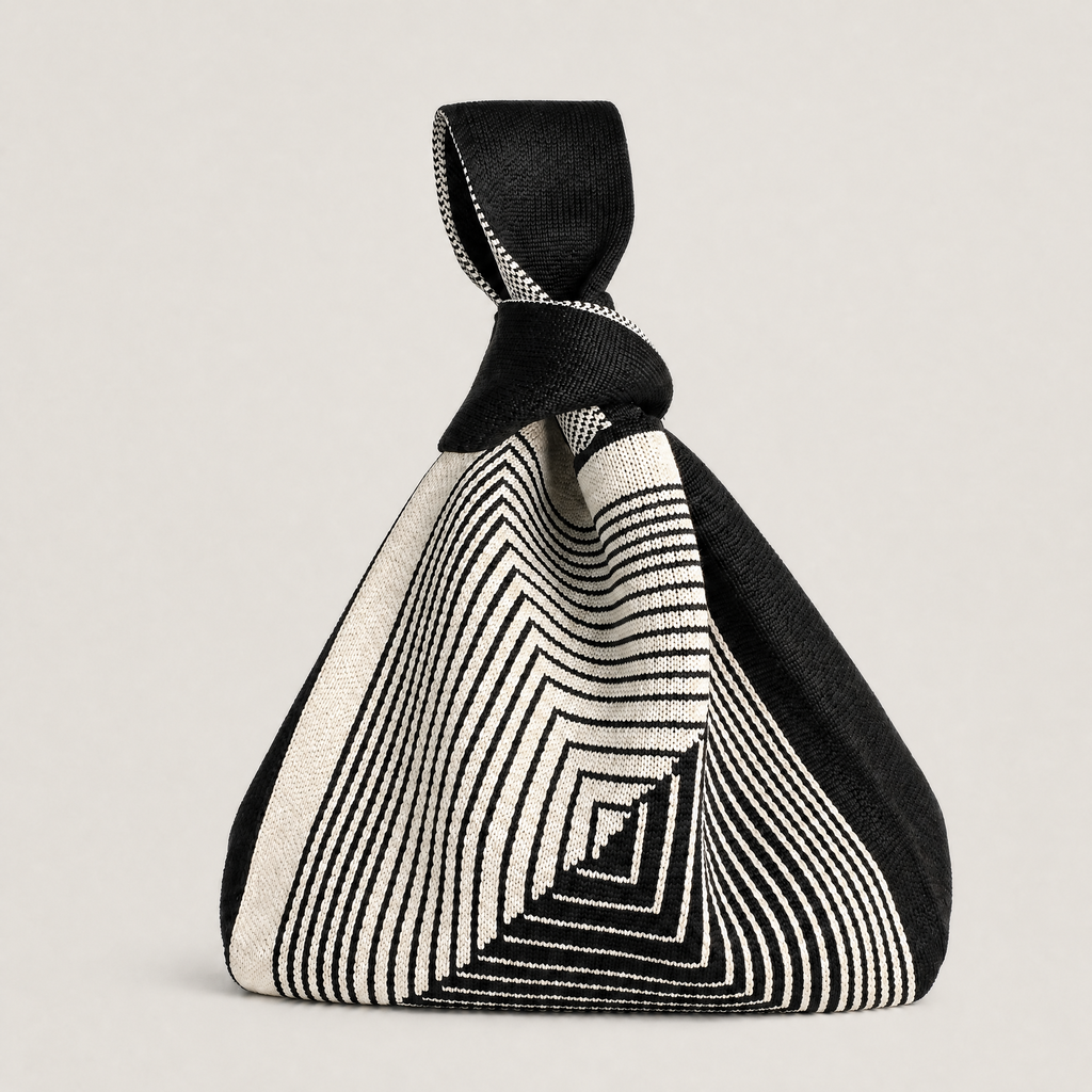 The Labyrinth Black Handbag, a stylish washable black handbag with a unique knot design for versatile use.
