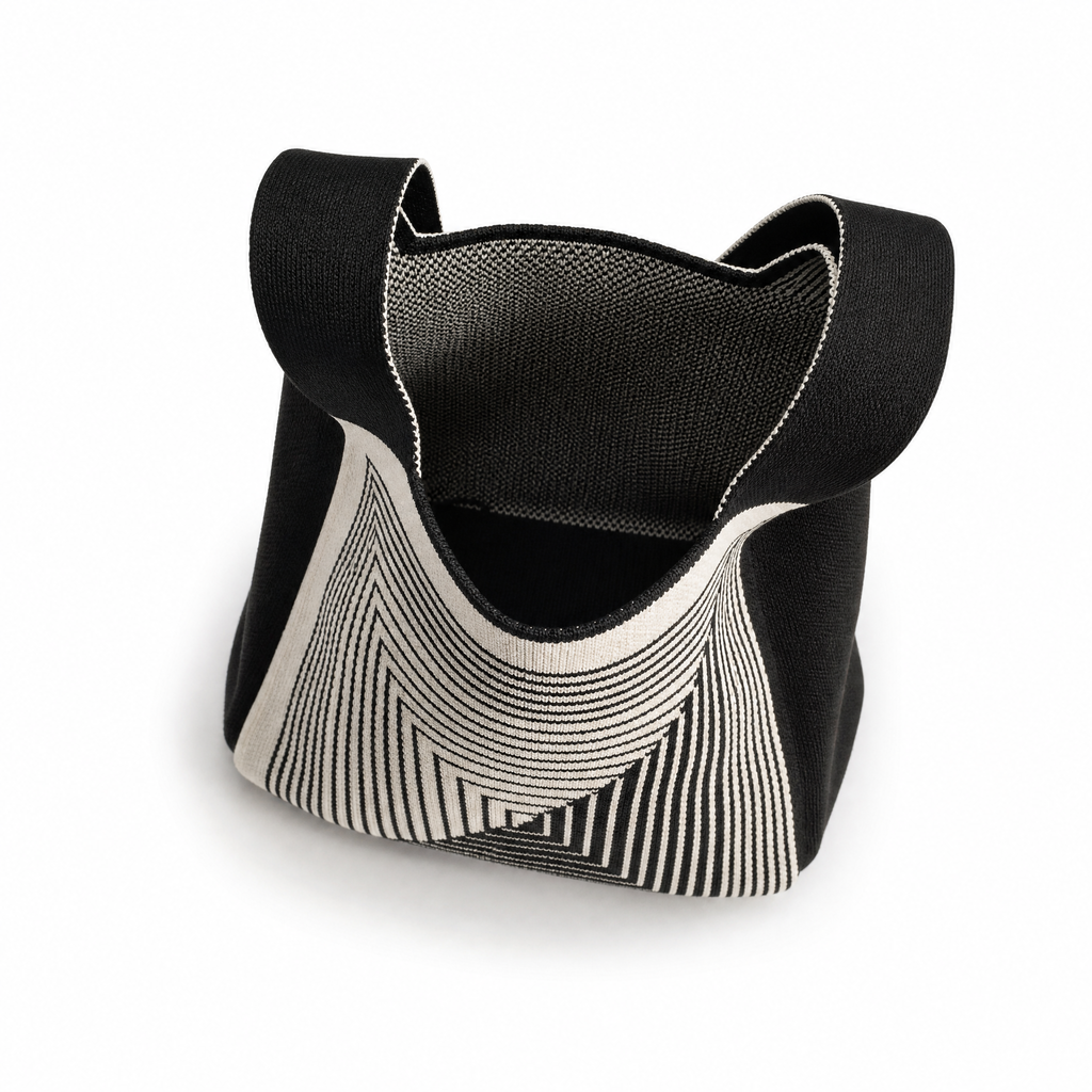 Stylish washable black handbag featuring a unique geometric design and convertible straps for versatile use.